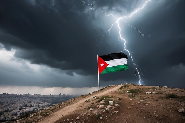 Photo palestinian flag on stormy sky fly in the sky