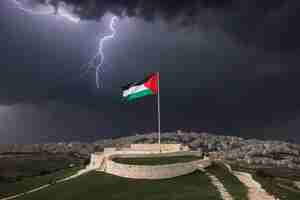 Photo palestinian flag on stormy sky fly in the sky