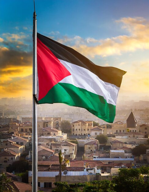 Palestinian flag waving in the wind with cityscape background