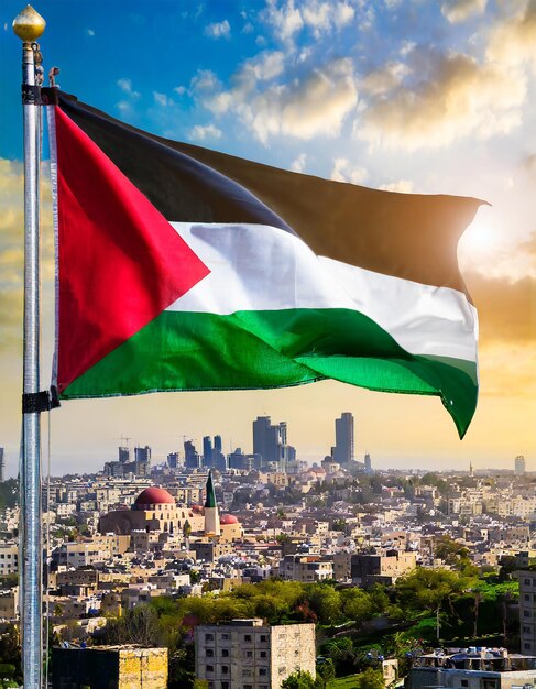 Palestinian flag waving in the wind with cityscape background