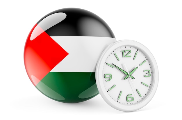 Palestinian flag with clock Time in Palestine 3D rendering