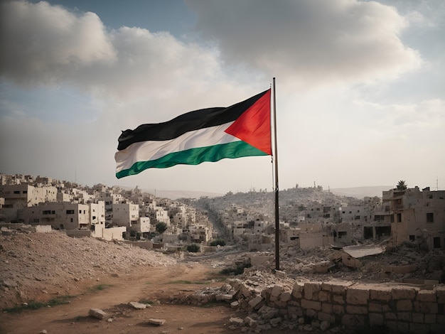 palestinian flag with destroyed city AI generated