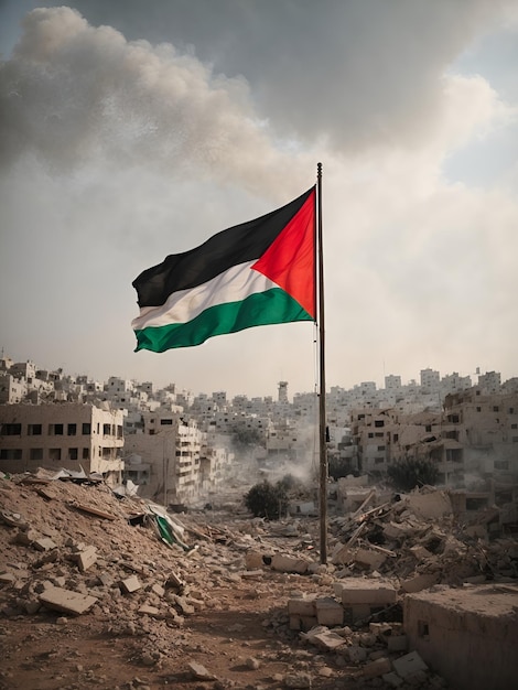 palestinian flag with destroyed city AI generated