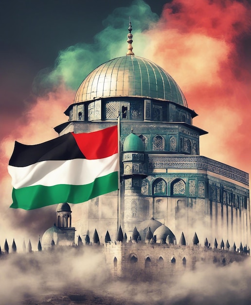 AI가 생성한 연기 네온 배경의 팔레스타인 자유 깃발 모스크 알 아크사