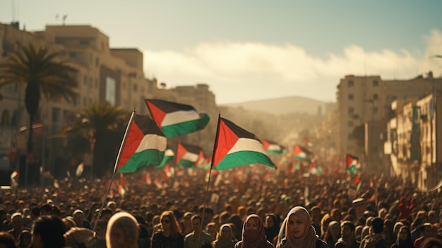 パレスチナの自由の抗議活動の望遠レンズのリアルな照明