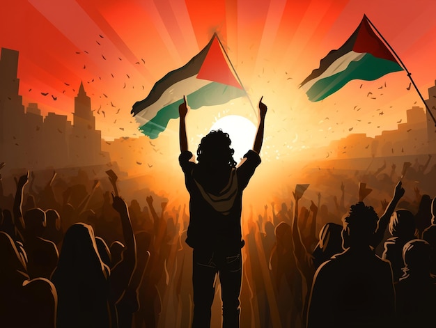 パレスチナの自由の抗議 - パレスティナの国旗の概念イラスト - ジェネレーティブAI