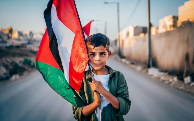 palestinian kid girl holding Free Palestine flag in a blocked road portrait photography cinemat