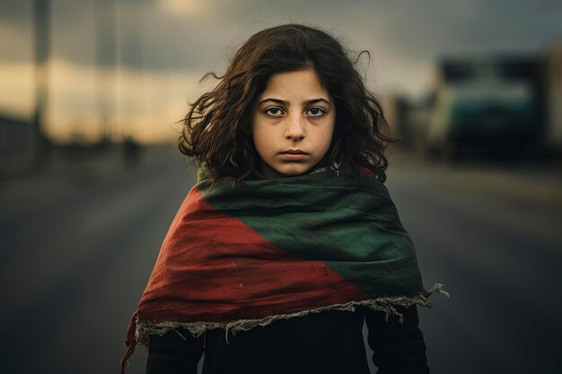 사진 막힌 도로에서 자유 팔레스타인 발을 들고 있는 팔레스타인의 소녀 초상화 사진 영화