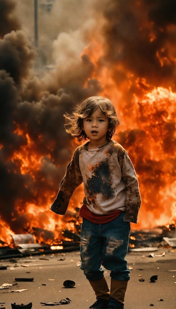 Foto un ragazzo palestinese si ritira di fronte alla gaza devastata guardando i missili nel cielo come un fiore