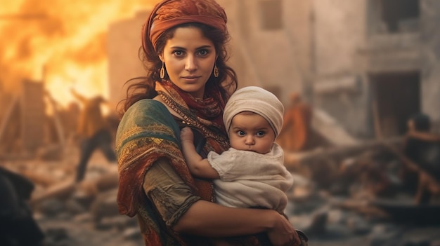 Palestinian woman baby fleeing bombs