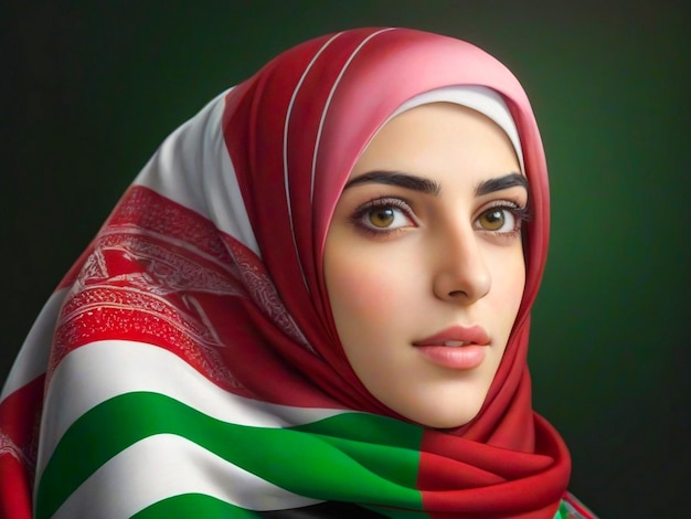 A Palestinian woman wearing a scarf in the colors of the national flag generated with Ai