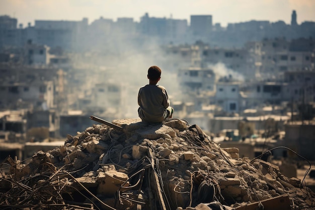 Palestinians inspect a destroyed building after an Israeli air strike in the city