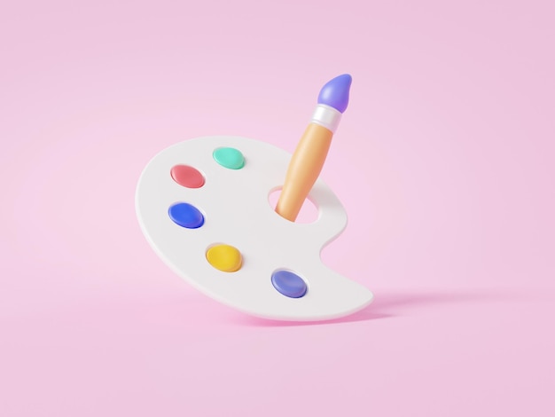 Palet met penseel drijvend op roze achtergrond kleurrijke creatieve kunstwerken schilderij onderwijs concept minimale cartoon schattig glad 3d render illustratie