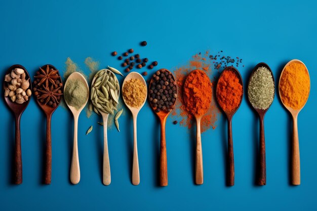 A palette of exquisite spices vibrant collection on a blue canvas