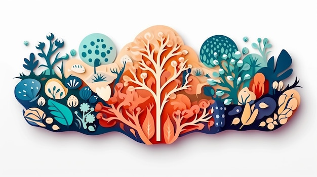 Иллюстрация палитры в стиле вырезки из бумаги на белом изолированном фоне с формой деревьев и листьев