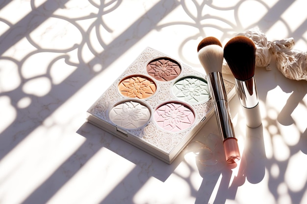Palette of light delicate shadows with tassels on white marble table cosmetic powder