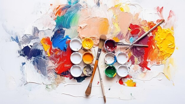 Palette with paints and paintbrushes on a white background