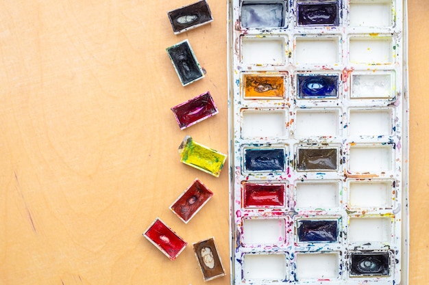 palette with watercolors watercolor paints closeup