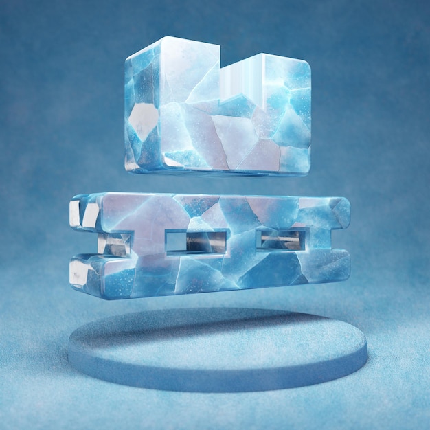Palletpictogram. Gebarsten blauw ijspalletsymbool op blauw sneeuwpodium. Social Media Icon voor website, presentatie, ontwerpsjabloon element. 3D render.