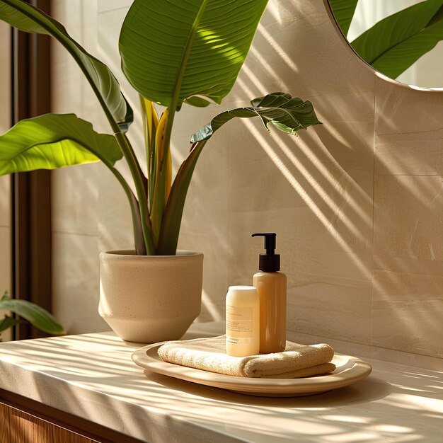 Palm on countertop and lotion sitting on plate are part of bathroom decor