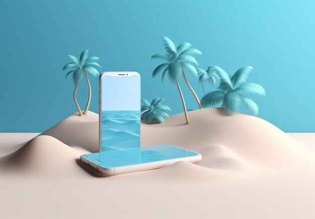 Palm holiday sea creative mock cyber summer concept sand phone up Generative AI