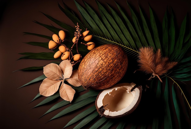 Palm leaf and coconuts on a brown backdrop exotic fruits