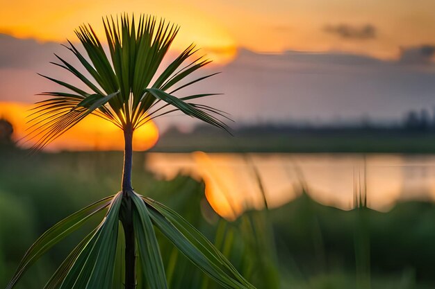 A palm leaf in front of a sunset