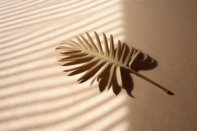A palm leaf is casting a shadow on a table.