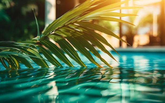 A palm leaf is in the water of a pool.