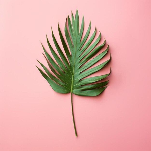 a palm leaf on a pink wall with a green leaf on it