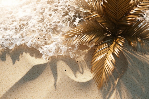 Пальмовый лист на песчаном пляже на закате Концепция путешествий и отдыха