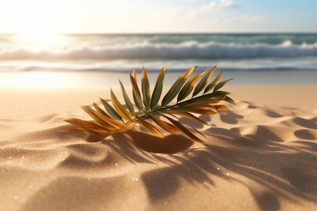 Palm leaf on sandy beach at sunset Travel and vacation concept