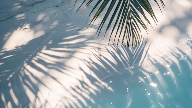 Тень пальмовых листьев на абстрактном белом песке пляжа фона солнечные огни на поверхности воды AI Generative