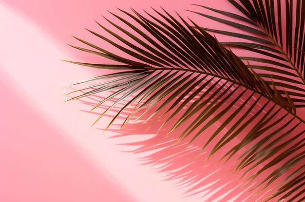 Photo palm leaf with shadow on pink background