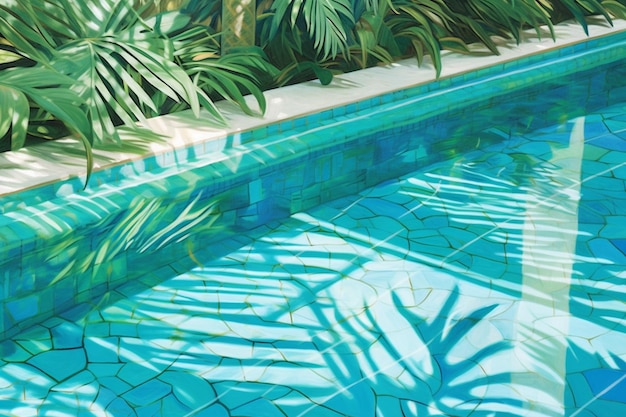 a palm leaves on an empty pool and blue water in the style of organic forms and patterns