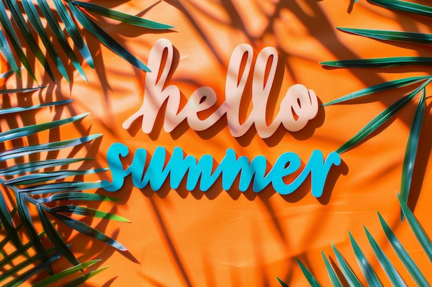 Palm leaves frame Hello Summer text on an orange background