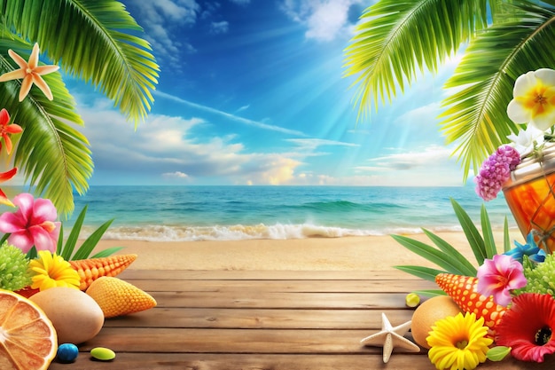 Photo palm leaves frame a sunny beachscape where the ocean meets a clear sky