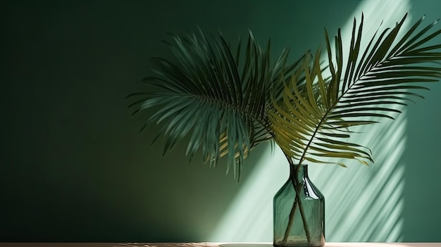 Palm leaves in a glass bottle on a green background interior design or mockup idea AI generated