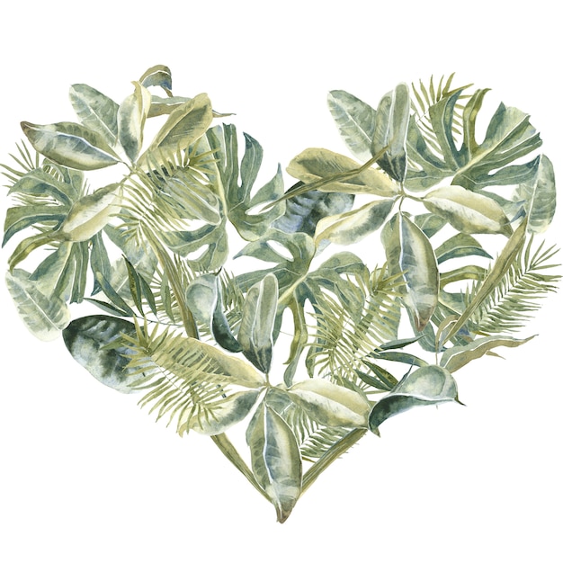 Palm leaves Heart Shape. Dust Greenery, tropical leaves Frame. Exotic floral Wreath. flowers Border