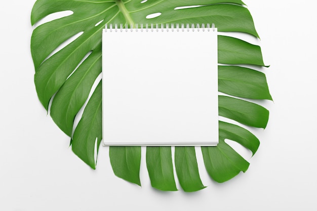 Palm leaves and a paper notebook with copyspace