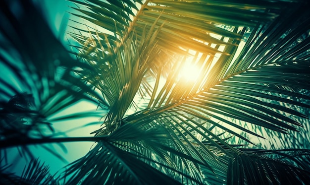 Palm leaves in the sun with the sun behind them