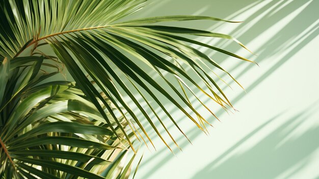 Photo palm leaves with shadow on green background with copy space for design element