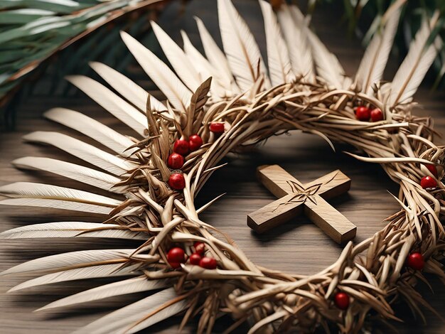 Photo palm leaves wooden cross and palm sunday and easter day concept generative ai