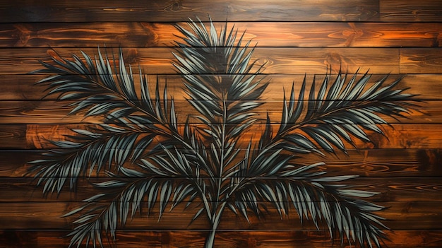 A palm leaves wooden wall with a cross palm Sunday