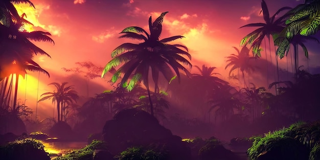 Palm neon bos jungle bij zonsondergang Unreal forest Mooie neon fantasie landschap 3D illustratie