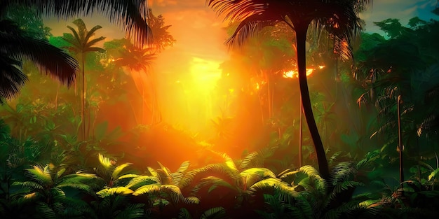 Palm neon bos jungle bij zonsondergang Unreal forest Mooie neon fantasie landschap 3D illustratie