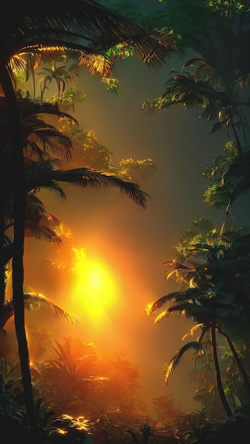Palm neon bos jungle bij zonsondergang Unreal forest Mooie neon fantasie landschap 3D illustratie