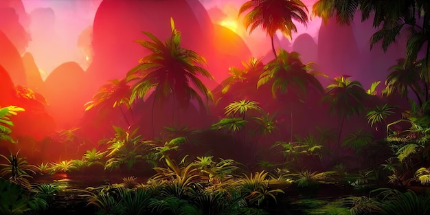 Palm neon forest jungle at sunset Unreal forest Beautiful neon fantasy landscape 3D illustration