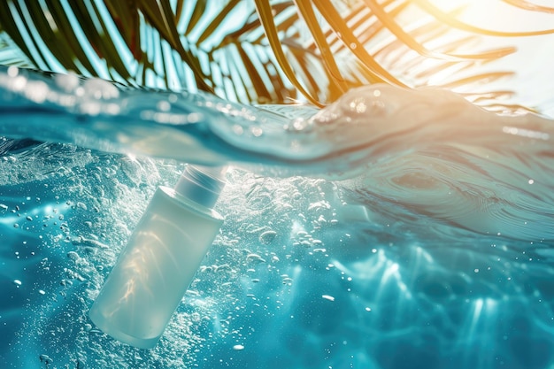 Photo palm paradise glass cosmetic bottle in sunlit waters