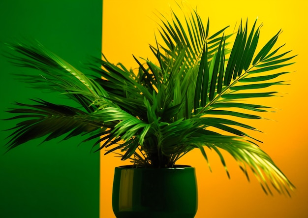 A palm plant on a yellow background is seen